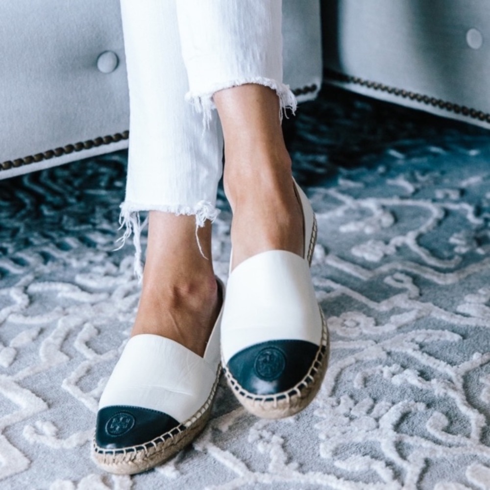 Like new Tory Burch White and Black Cap Toe Colorblock Espadrilles Flats - Picture 3 of 16